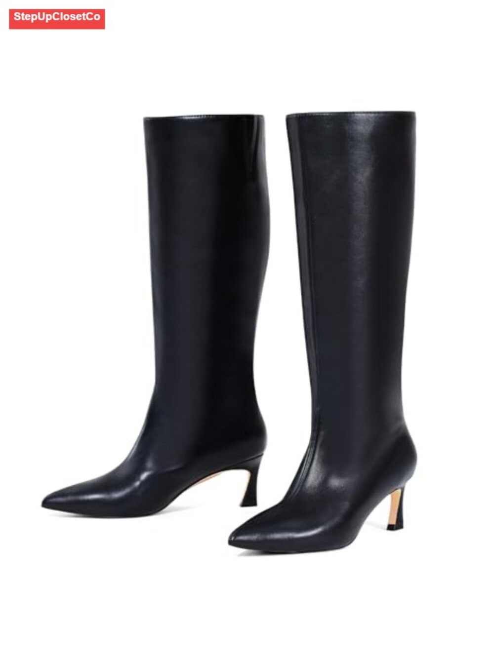 Knee High Boots Kitten Heel Pointed Toe PU Leather Slip On Dress Shoes